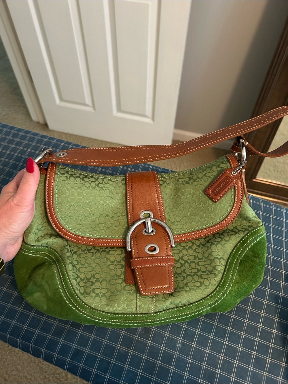 Coach Green and Tan Buckle-Front Shoulder Bag